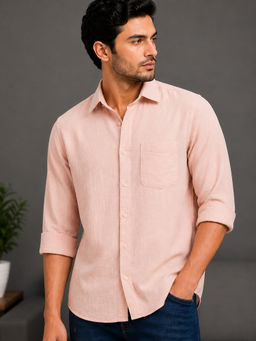 necked - Mens Blush Pink Double Cloth Cotton Relax Fit Casual Full Sleeve Shirt