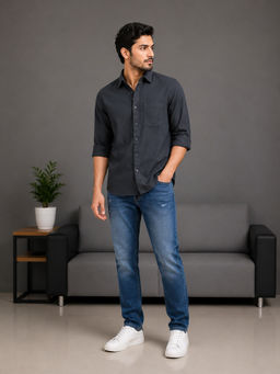 necked - Mens Black Double Cloth Cotton Relax Fit Casual Full Sleeve Shirt