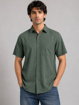 necked - Mens Green Solid Cotton Relax Fit Half Sleeve Casual Shirt