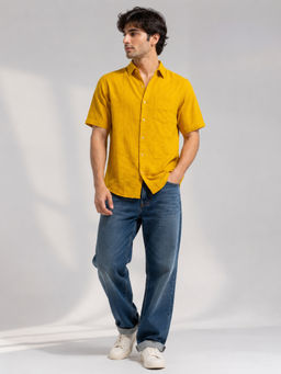 necked - Mens Mustard Solid Cotton Crush Relax Fit Half Sleeve Casual Shirt
