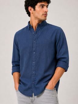 necked - Mens Navy Blue Self Design Cotton Doble Cloth Relax Fit Casual Shirt