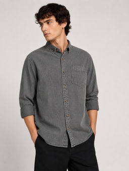 necked - Mens Grey Overdyed Cotton Relax Fit Casual Full Sleeve Shirt