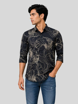 necked - Mens Black Floral Print Cotton Slim Fit Full Sleeve Casual Shirt