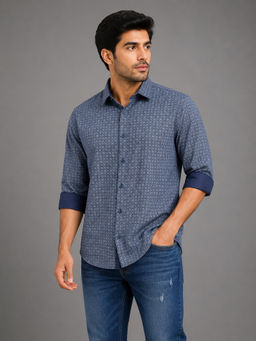 necked - Mens Blue Geometric Print Cotton Slim Fit Full Sleeve Casual Shirt