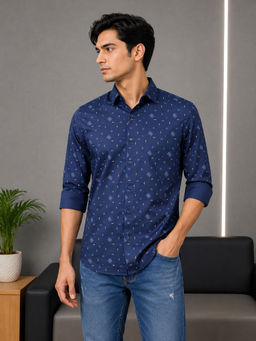 necked - Mens Navy Blue Geometric Print Cotton Slim Fit Full Sleeve Casual Shirt