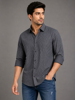 necked - Mens Charcoal Grey Geometric Print Cotton Slim Fit Full Sleeve Casual Shirt