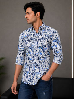 necked - Mens White Blue Floral Print Cotton Slim Fit Full Sleeve Casual Shirt