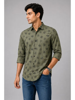 necked - Mens Olive Green Floral Print Cotton Slim Fit Full Sleeve Casual Shirt