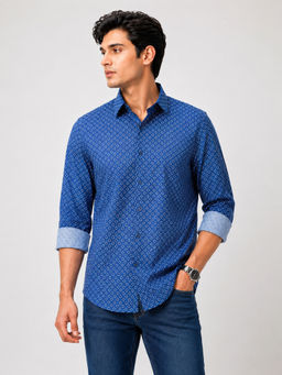 necked - Mens Blue Floral Print Cotton Slim Fit Full Sleeve Casual Shirt