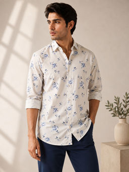 necked - Mens Off White Floral Print Cotton Slim Fit Full Sleeve Casual Shirt