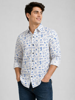 necked - Mens White Conversational Print Cotton Slim Fit Full Sleeve Casual Shirt