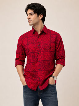 necked - Mens Red Floral Print Cotton Slim Fit Full Sleeve Casual Shirt