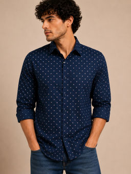 necked - Mens Navy Blue Geometric Print Cotton Slim Fit Full Sleeve Casual Shirt