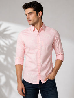 necked - Mens Pink Tropical Print Cotton Slim Fit Casual Shirt