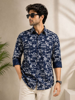 necked - Mens Navy Blue Scenic Print Cotton Slim Fit Full Sleeve Casual Shirt