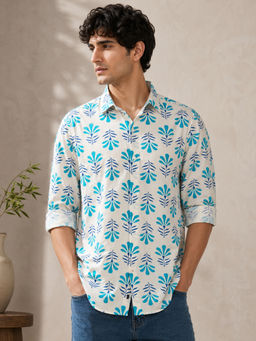 necked - Mens White Blue Geometric Print Cotton Slim Fit Full Sleeve Casual Shirt