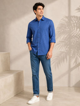 necked - Mens Royal Blue Micro Geometric Print Cotton Slim Fit Full Sleeve Casual Shirt