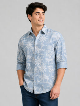 necked - Mens Light Sky Blue Tropical Wildlife Print Cotton Slim Fit Full Sleeve Casual Shirt