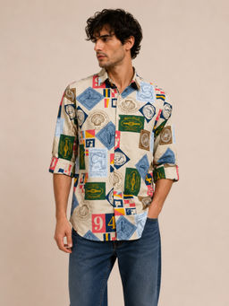 necked - Mens Beige Abstract Graphic Print Cotton Slim Fit Full Sleeve Casual Shirt