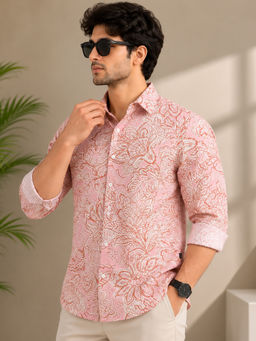 necked - Mens Soft Pink Paisley Floral Print Cotton Slim Fit Full Sleeve Casual Shirt