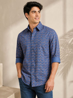 necked - Mens Blue Micro Floral Print Cotton Slim Fit Full Sleeve Casual Shirt