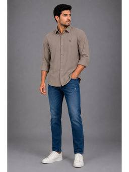necked - Mens Brown Self Design Seersucker Cotton Slim Fit Casual Shirt