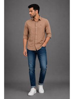 necked - Mens Light Brown Self Design Seersucker Cotton Slim Fit Casual Shirt