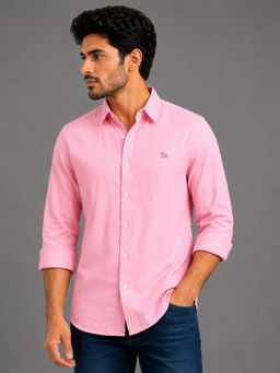 necked - Mens Pink Seersucker Cotton Slim Fit Full Sleeve Casual Shirt