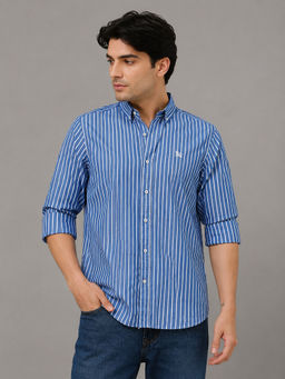 necked - Mens Blue Striped Popline Cotton Relax Fit Full Sleeve Casual Shirt