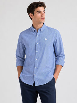 necked - Mens Light Blue Striped Popline Cotton Relax Fit Full Sleeve Casual Shirt