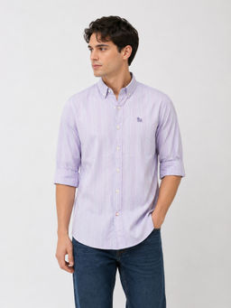necked - Mens Lavender Striped Popline Cotton Relax Fit Full Sleeve Casual Shirt