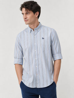necked - Mens Light Blue Striped Popline Cotton Relax Fit Full Sleeve Casual Shirt