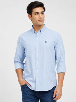 necked - Mens Light Blue Striped Cotton Seersuker Relax Fit Full Sleeve Casual Shirt
