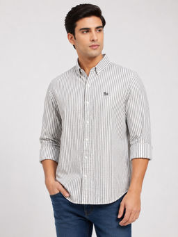 necked - Mens Grey Striped Cotton Seersuker Relax Fit Full Sleeve Casual Shirt
