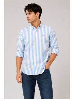 necked - Mens Sky Blue Striped Cotton Cambric Relax Fit Full Sleeve Casual Shirt