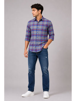 necked - Mens Grey Blue Red Checked Cotton Relax Fit Full Sleeve Casual Shirt