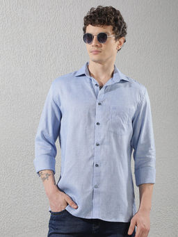 CRIMSOUNE CLUB - Mens Linen Blue Casual Shirt