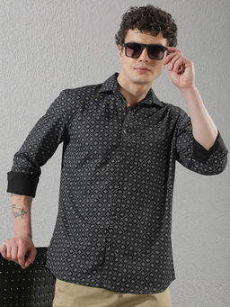 CRIMSOUNE CLUB - Mens Black Geometric Print Casual Shirt