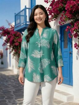 Qurvii - Green Printed Mandarin Neck Top