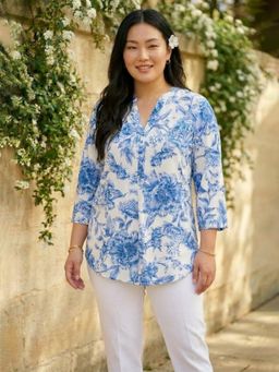 Qurvii - Blue Floral Mandarin Neck Top