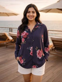 Qurvii - Grey Floral Collar Neck Shirt