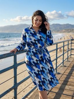 Qurvii - Blue Abstract Collar Neck Dress with Belt