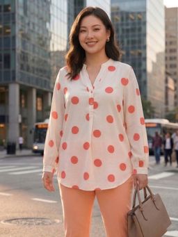 Qurvii - White Polka Dots Mandarin Neck Top