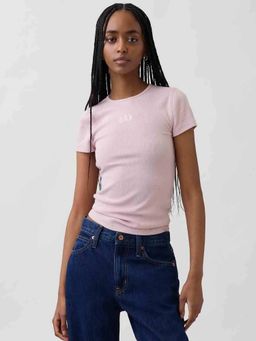 GAP - Pink Textured Round Neck T-Shirt with Logo Print
