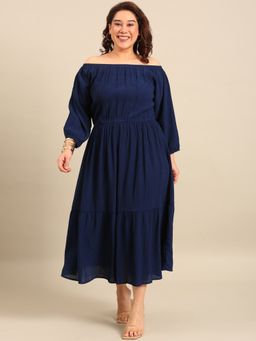THE PINK MOON - Navy Blue Solid Plain Off Shoulder Dress