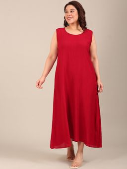 THE PINK MOON - Red Solid Plain Round Neck Dress