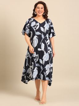 THE PINK MOON - Navy Blue Printed V-Neck Dress