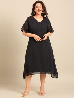 THE PINK MOON - Navy Blue Embroidered V-Neck Dress