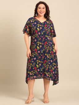 THE PINK MOON - Navy Blue Floral V-Neck Dress