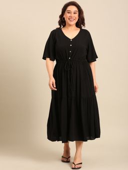 THE PINK MOON - Black Solid Plain V-Neck Dress with Waist Tie